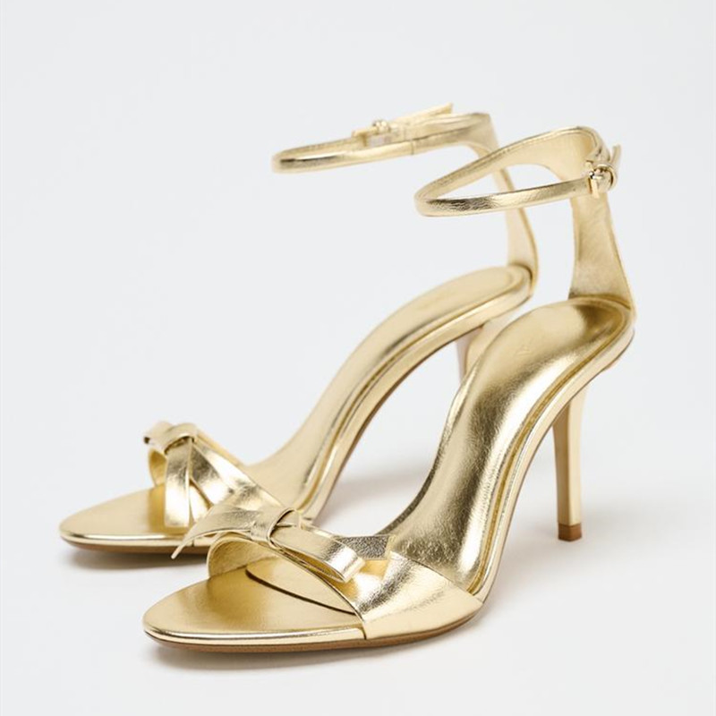 Metallic Heel Sandal - Elegant Golden Bow Brand High Heeled