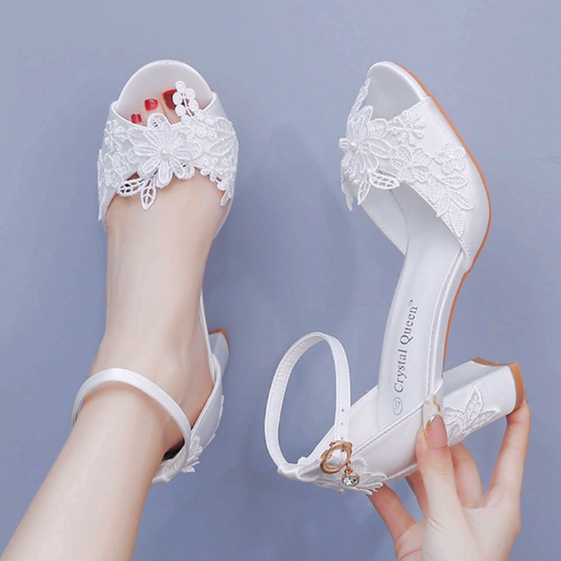 Square Toe Mule - Women White Silk High Heels Summer