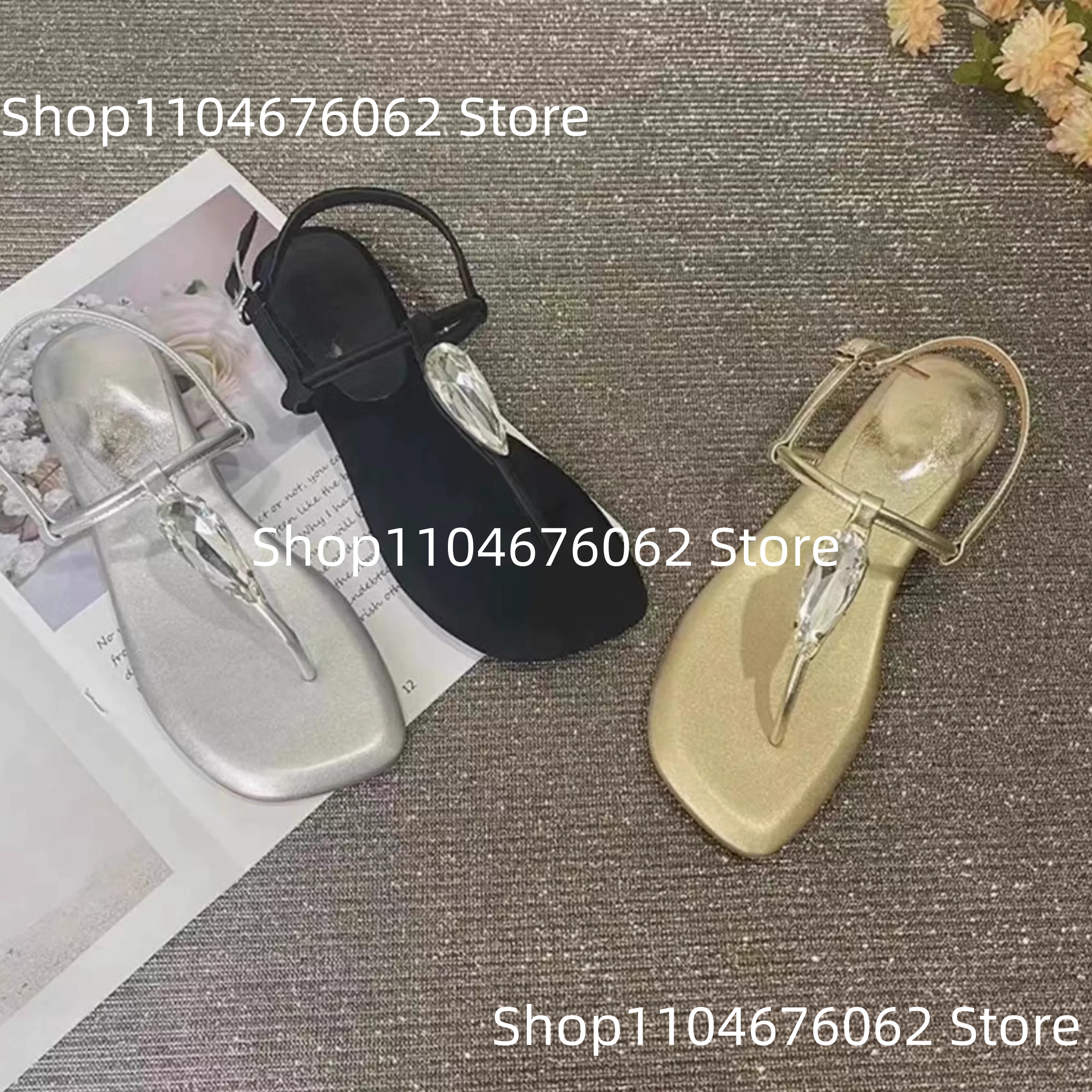 Thong Flat Sandal - Women's Gold Metallic Rhinestone Square Toe