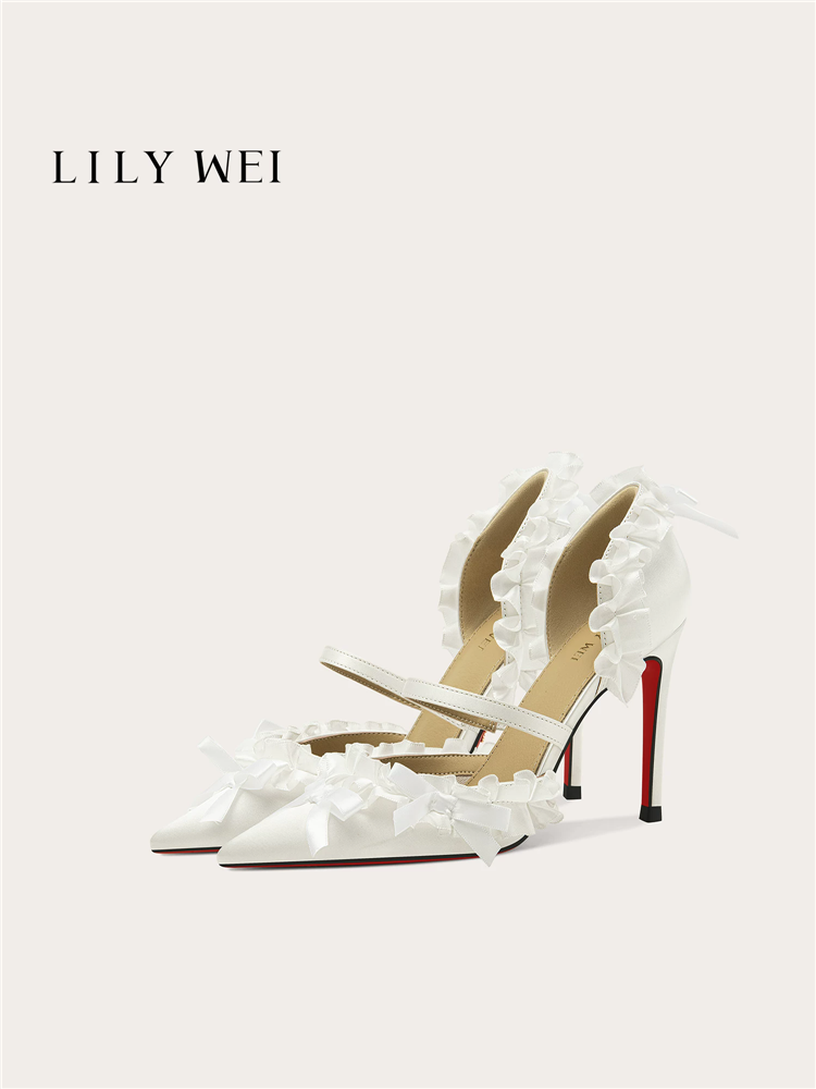 Wide Fit Heels - Spring pointed hollow ribbon wrinkled bow