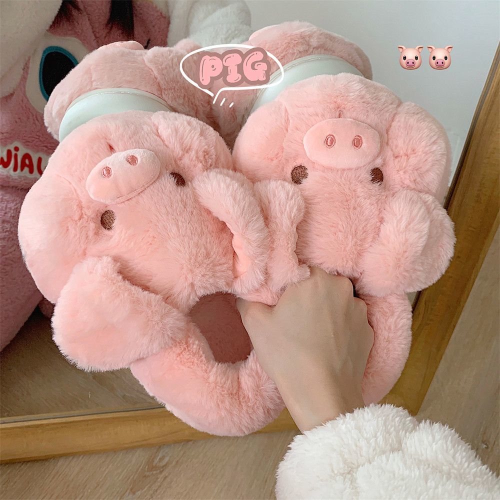 Women Shoes On Sale - Feerldi Pink fluffy pig slippers women