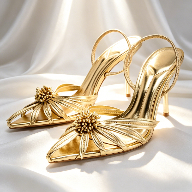 Metallic Heel Sandal - Luxury Gold Floral Detail Slingback Heels
