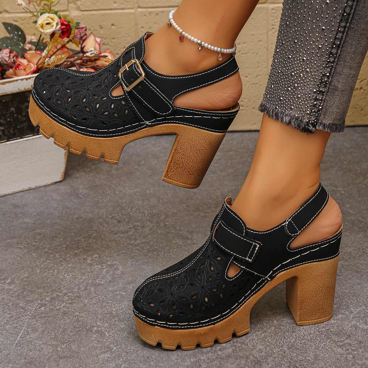 Square Toe Mule - Large Size Women's Thick Heel Sandals