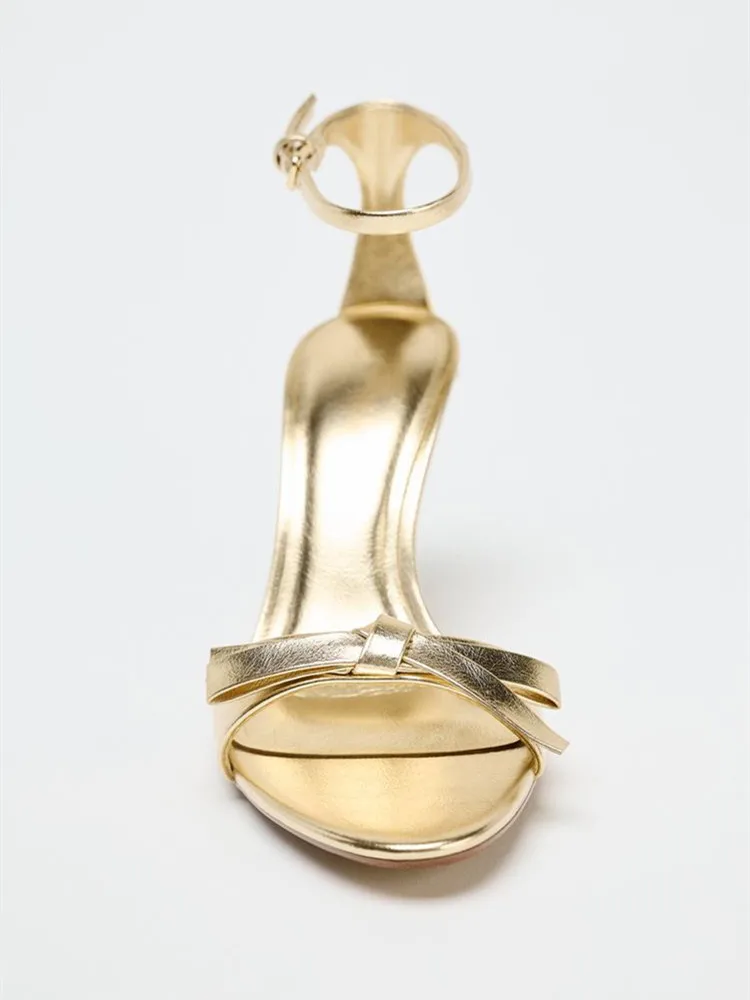 Elegant Golden Bow Brand High  - đánh giá và giá Metallic Heel Sandal